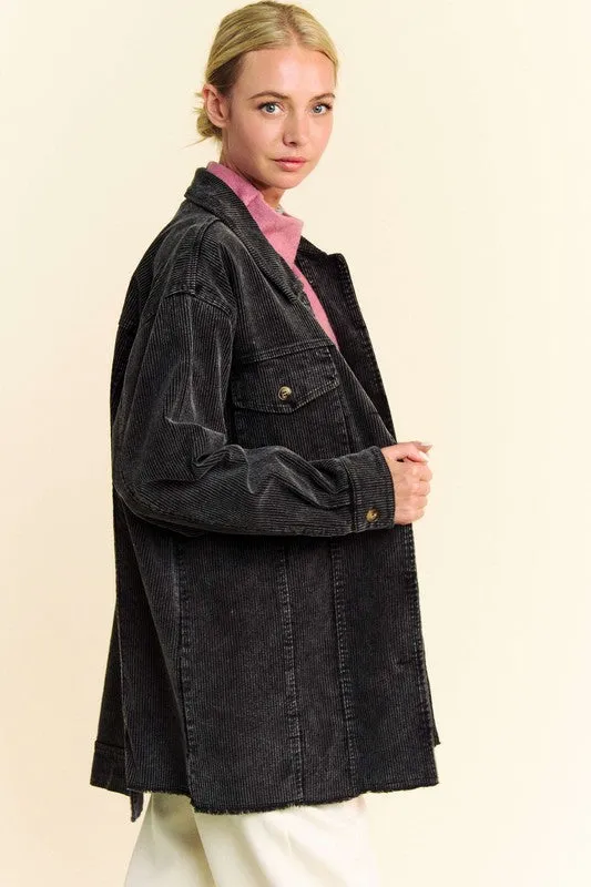 Davi & Dani Black Washed Corduroy Raw Hem Button Up Jacket