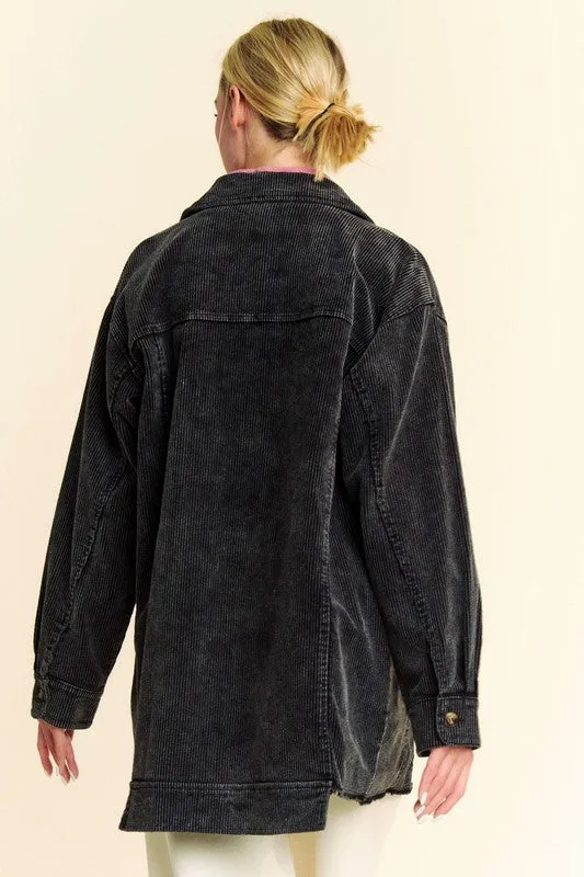 Davi & Dani Black Washed Corduroy Raw Hem Button Up Jacket