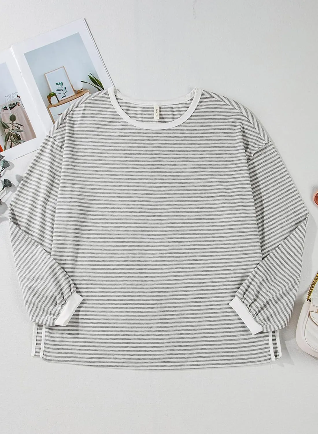EVALESS Long Sleeve Shirts for Women Trendy Lightweight Crew Neck Striped Tee Shirt Top