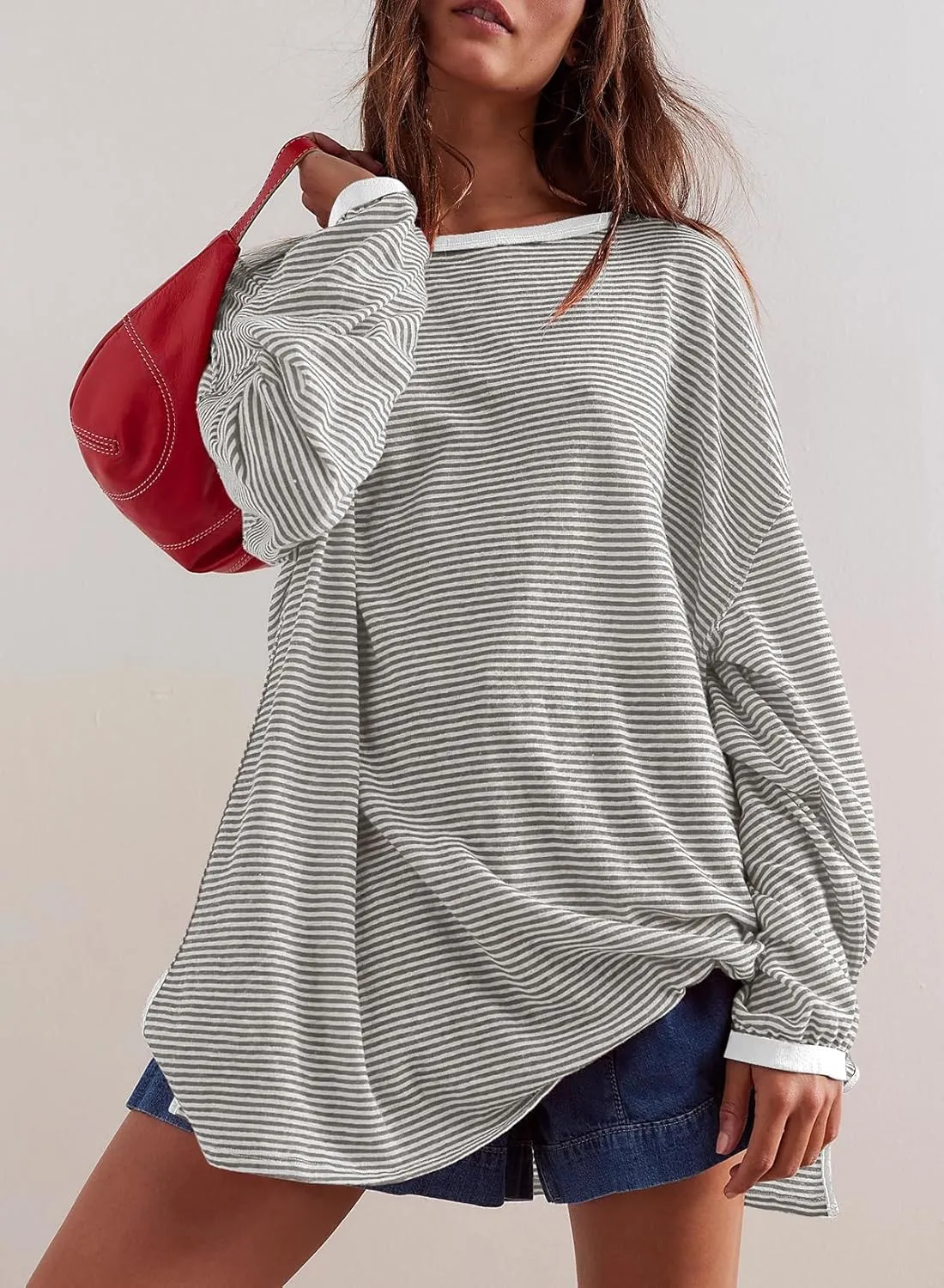 EVALESS Long Sleeve Shirts for Women Trendy Lightweight Crew Neck Striped Tee Shirt Top