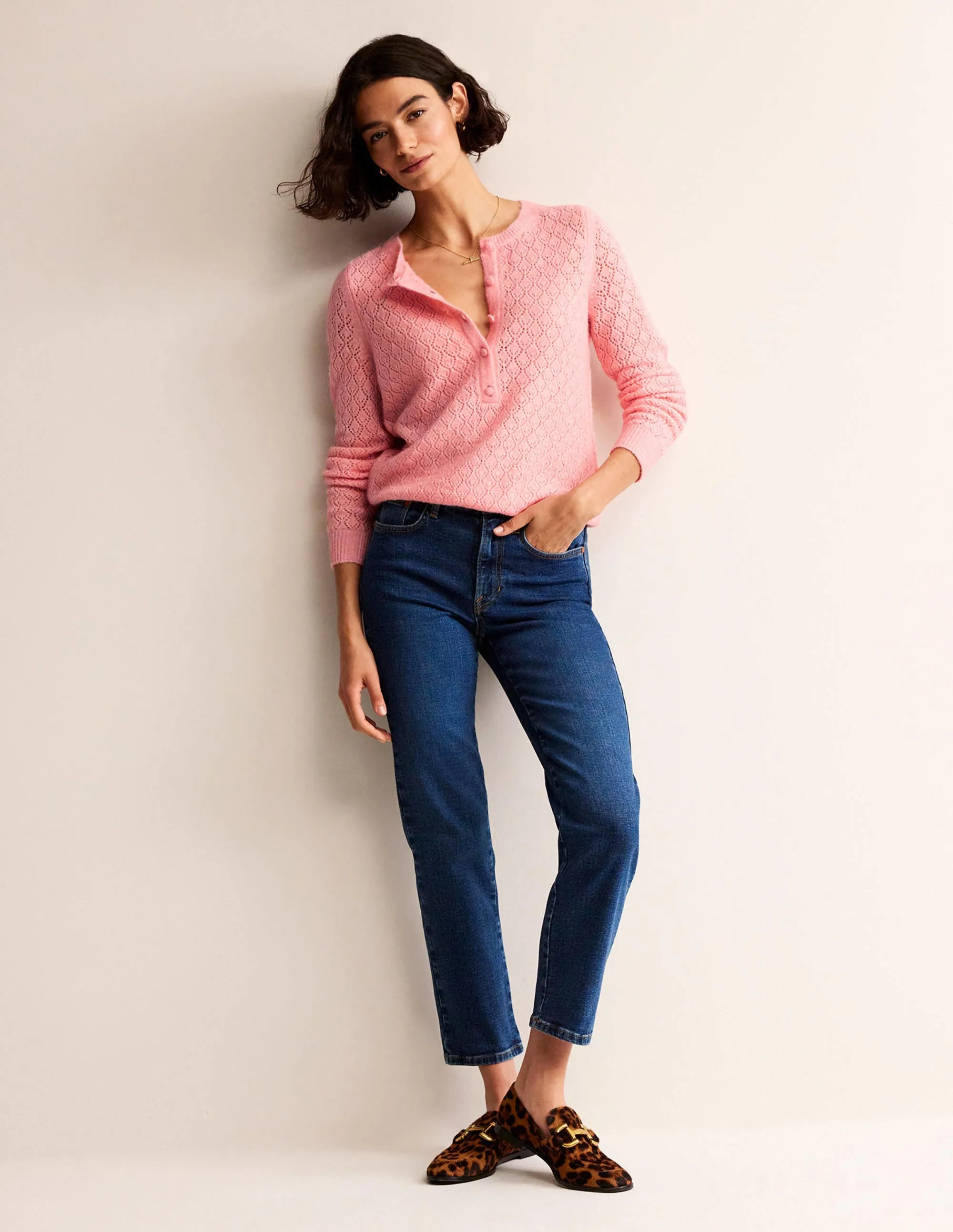 Fluffy Henley Pointelle Jumper-Dahlia Pink