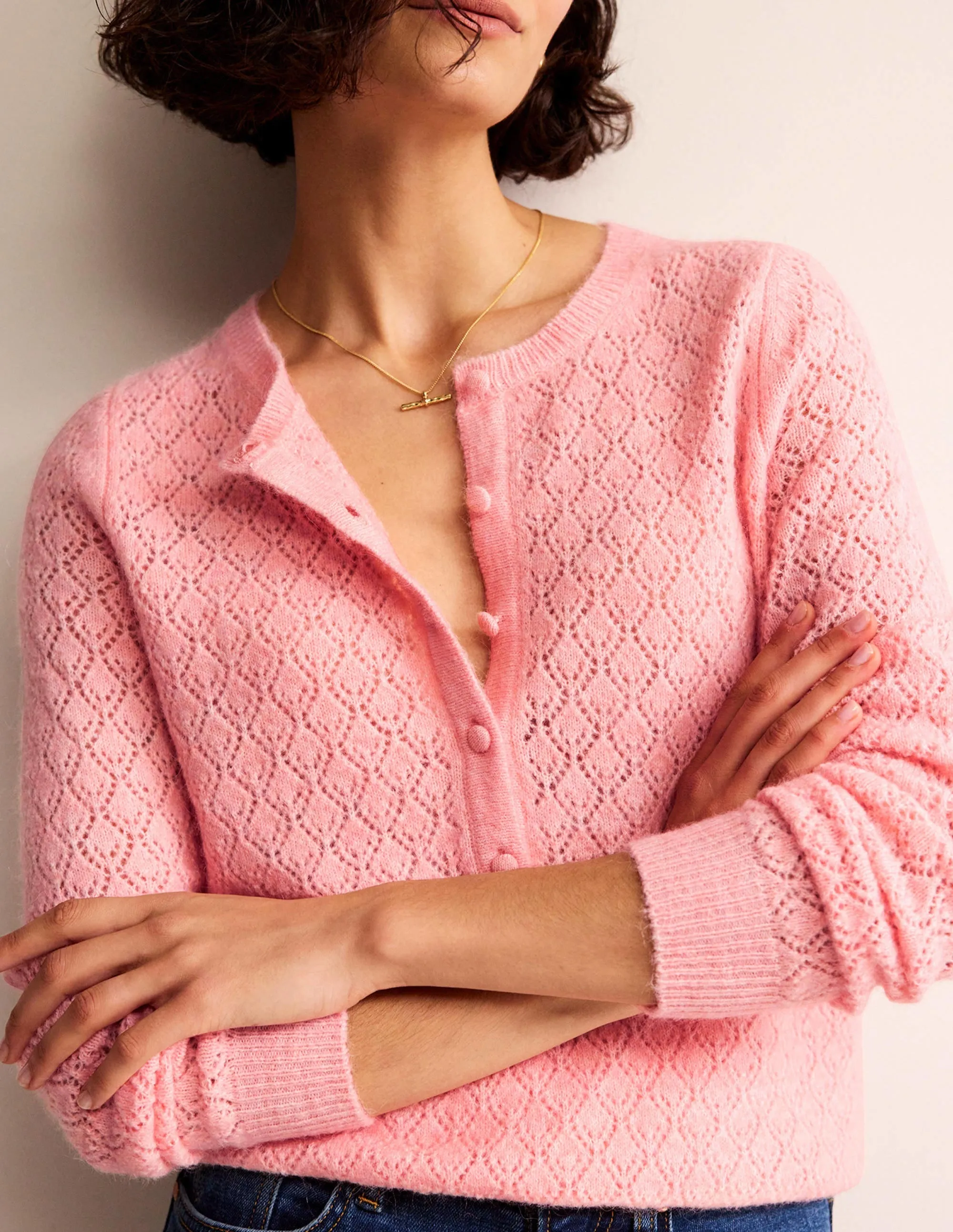 Fluffy Henley Pointelle Jumper-Dahlia Pink