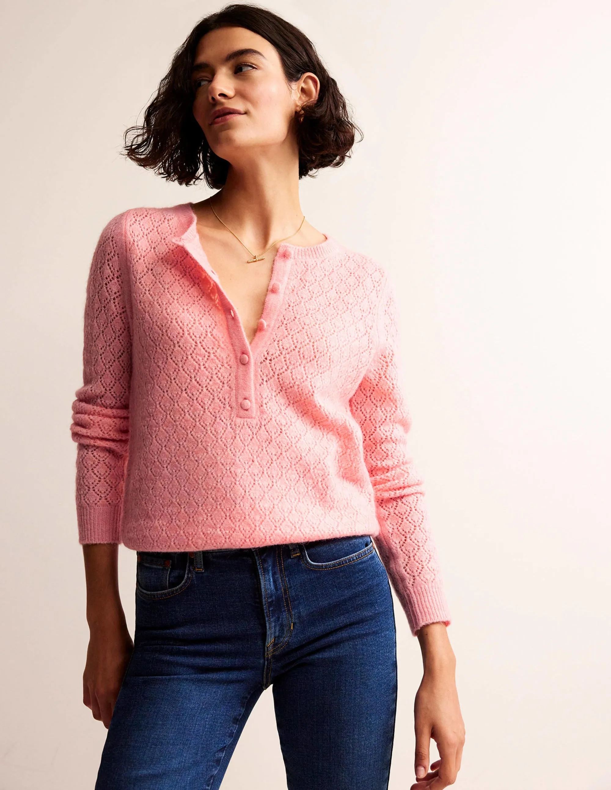 Fluffy Henley Pointelle Jumper-Dahlia Pink