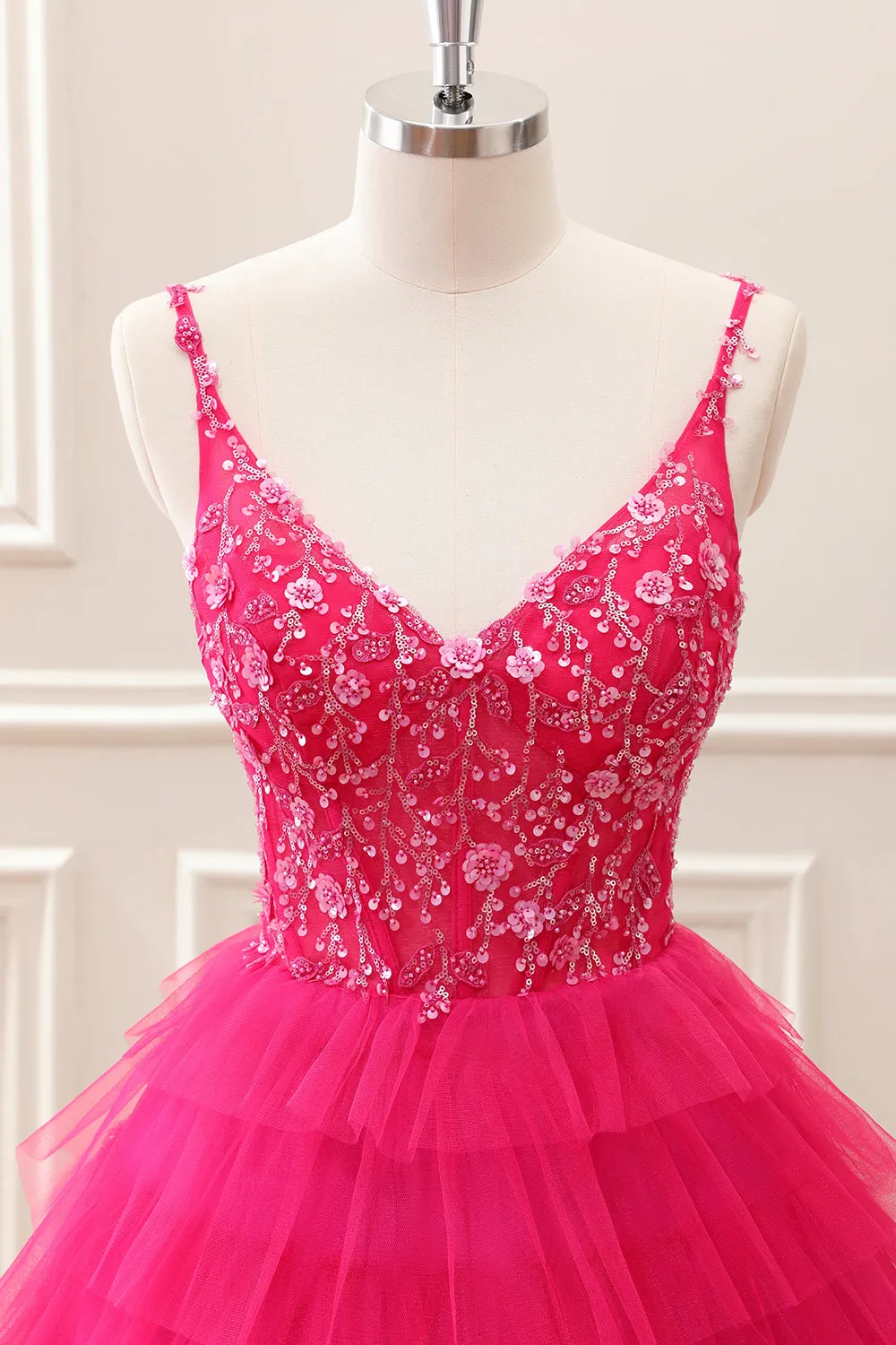 Fuchsia A Line Spaghetti Straps Corset Tiered Tulle Sequined Mini Dress