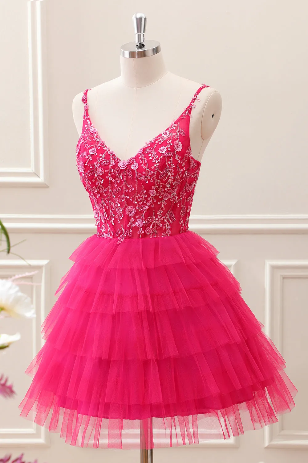Fuchsia A Line Spaghetti Straps Corset Tiered Tulle Sequined Mini Dress