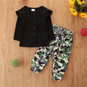 Girls Button Solid Long Sleeve Ruffle Top & Camo Trousers Kids Wear Wholesale