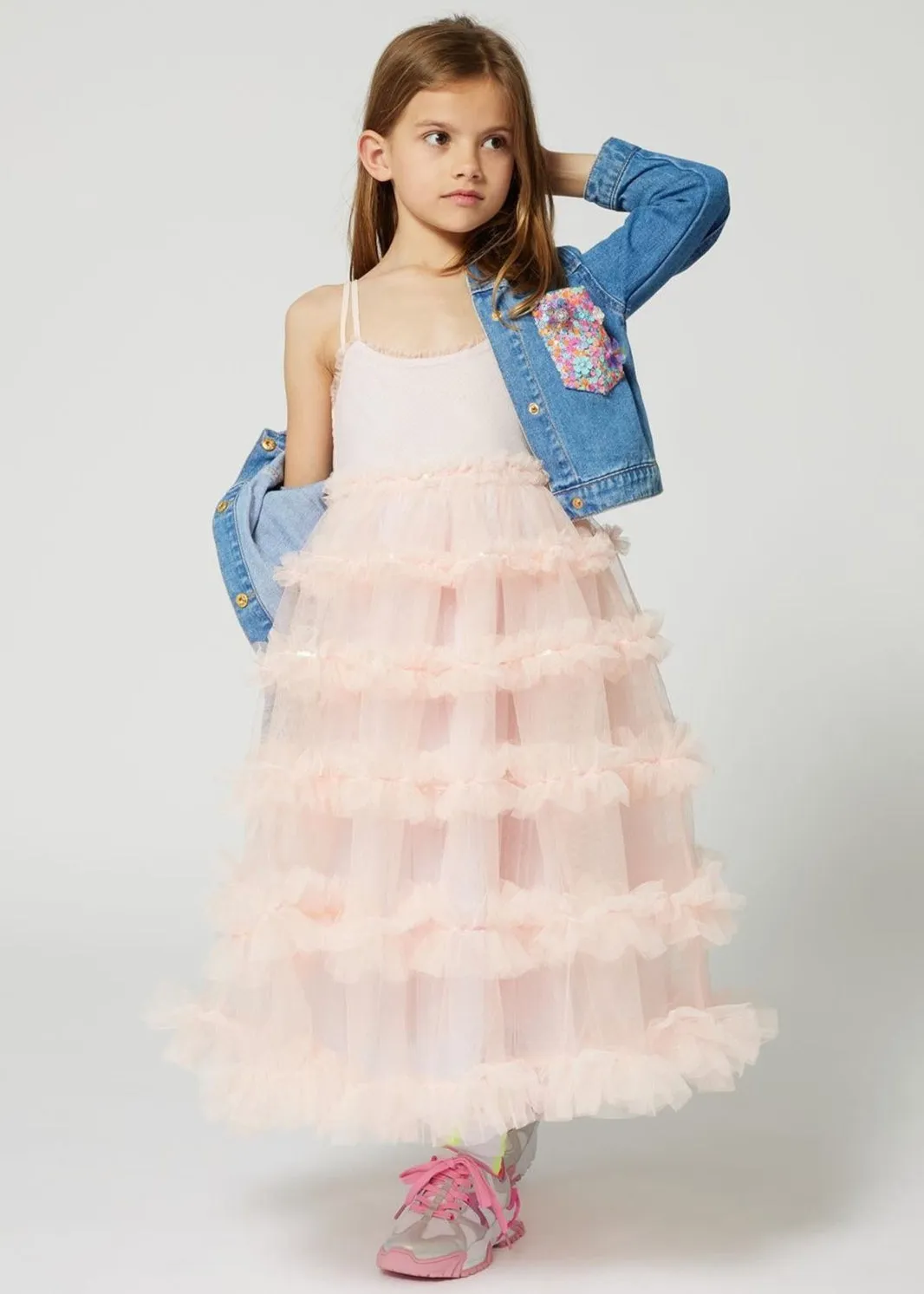 Girls Denim Jacket With Sequin Pockets