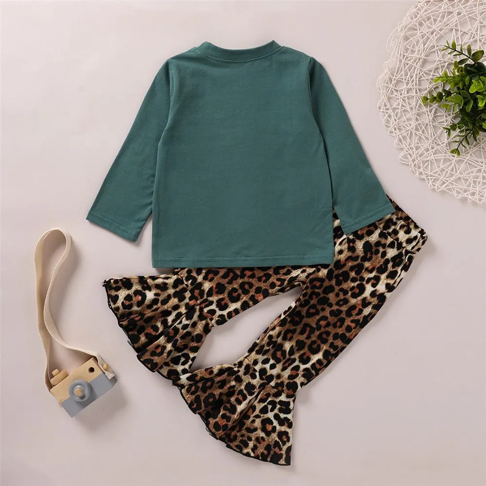 Girls Long Sleeve Letter Printed Top & Leopard Bell Trousers Girls Wholesale