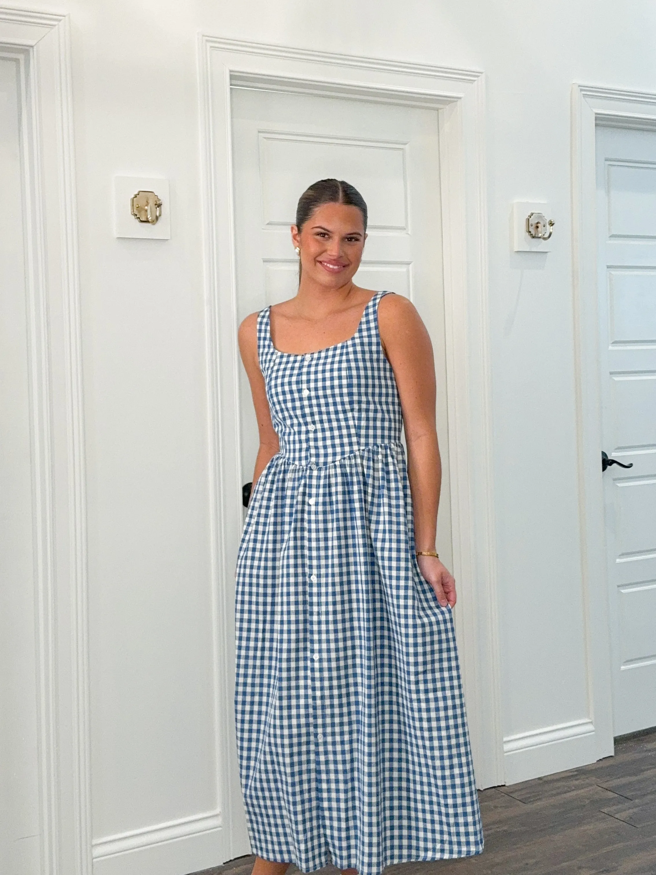 Girly Gingham Button Down Midi Dress