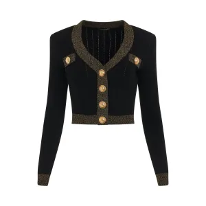 Gold Edge Buttoned Knit Cropped Cardigan in Black/Gold