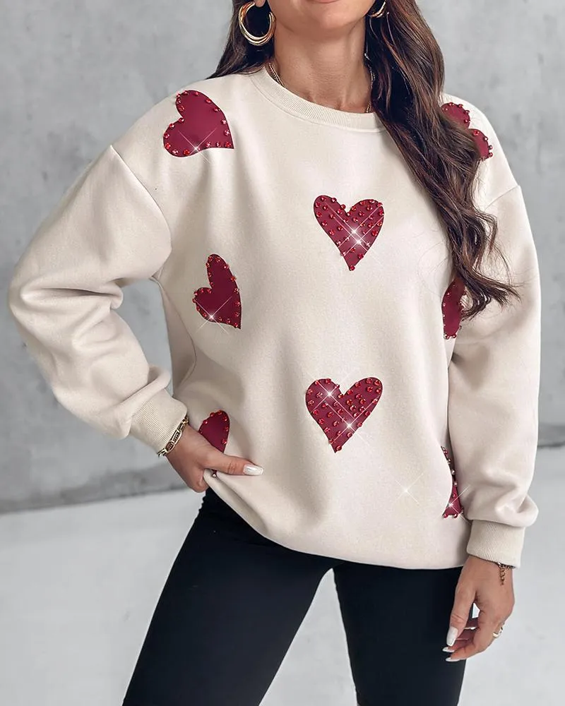 Heart Print Long Sleeve Rhinestone Decor Sweatshirt