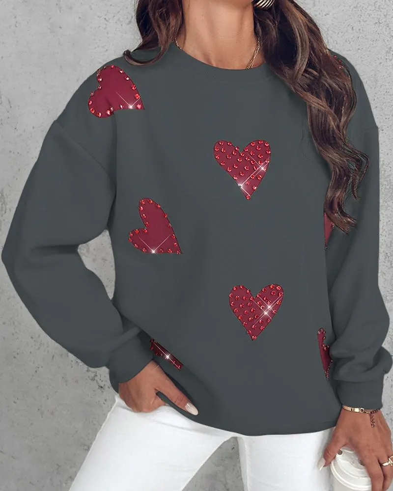 Heart Print Long Sleeve Rhinestone Decor Sweatshirt