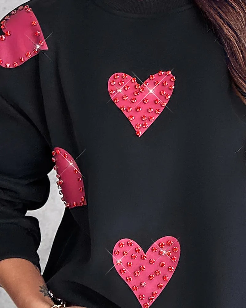 Heart Print Long Sleeve Rhinestone Decor Sweatshirt