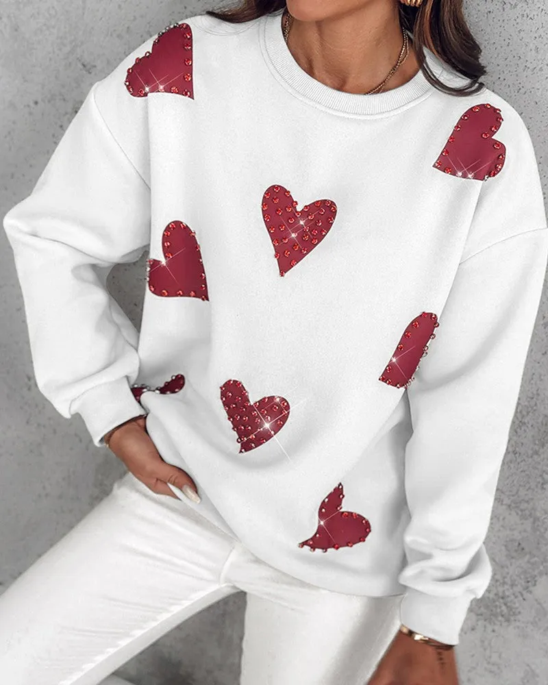 Heart Print Long Sleeve Rhinestone Decor Sweatshirt