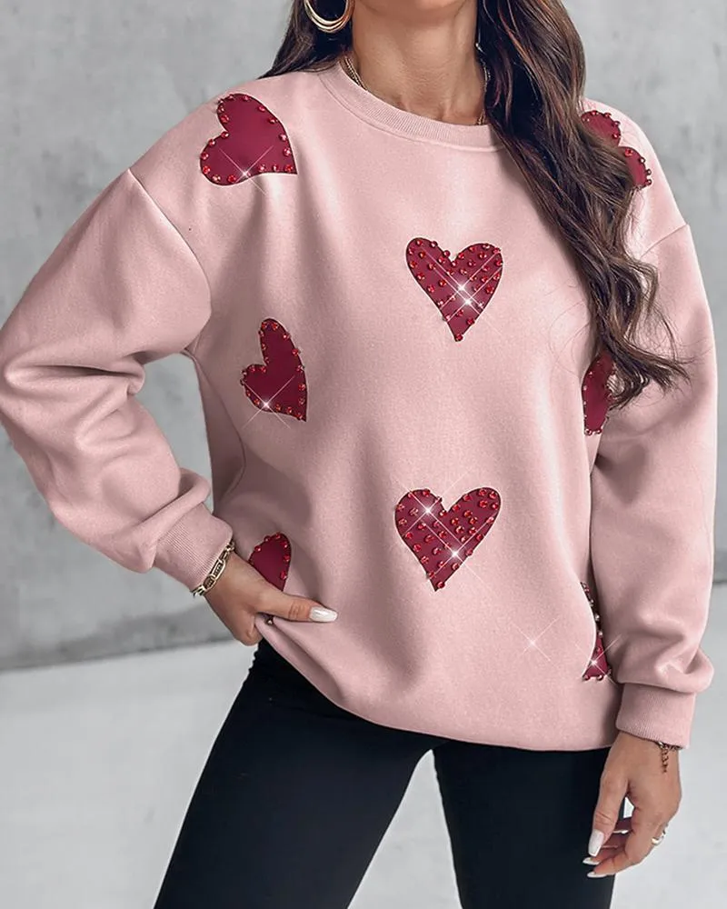 Heart Print Long Sleeve Rhinestone Decor Sweatshirt