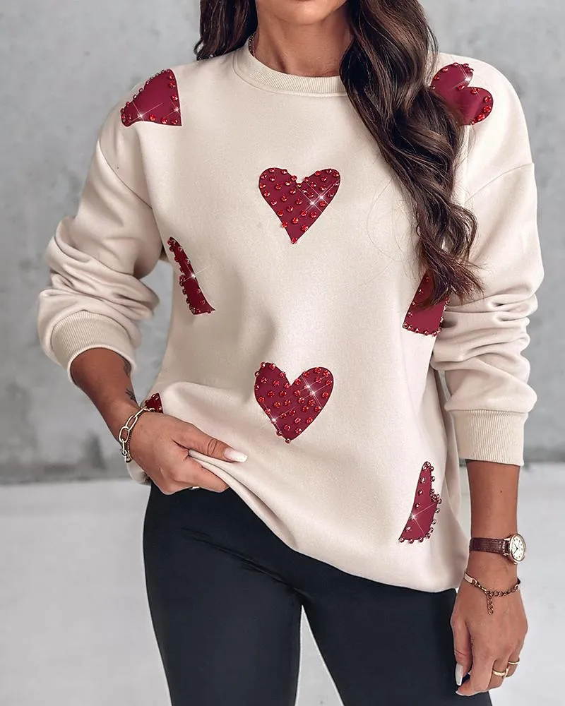 Heart Print Long Sleeve Rhinestone Decor Sweatshirt