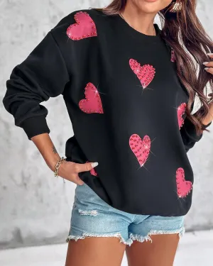 Heart Print Long Sleeve Rhinestone Decor Sweatshirt