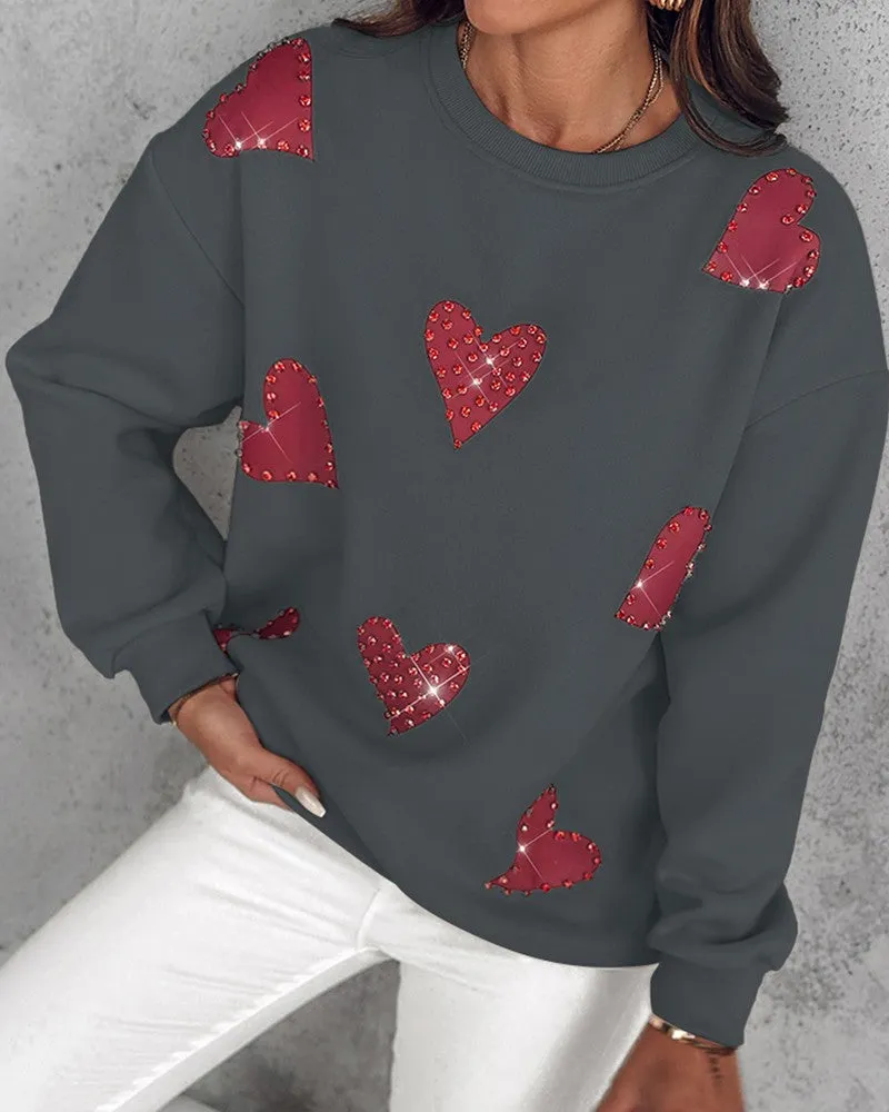 Heart Print Long Sleeve Rhinestone Decor Sweatshirt