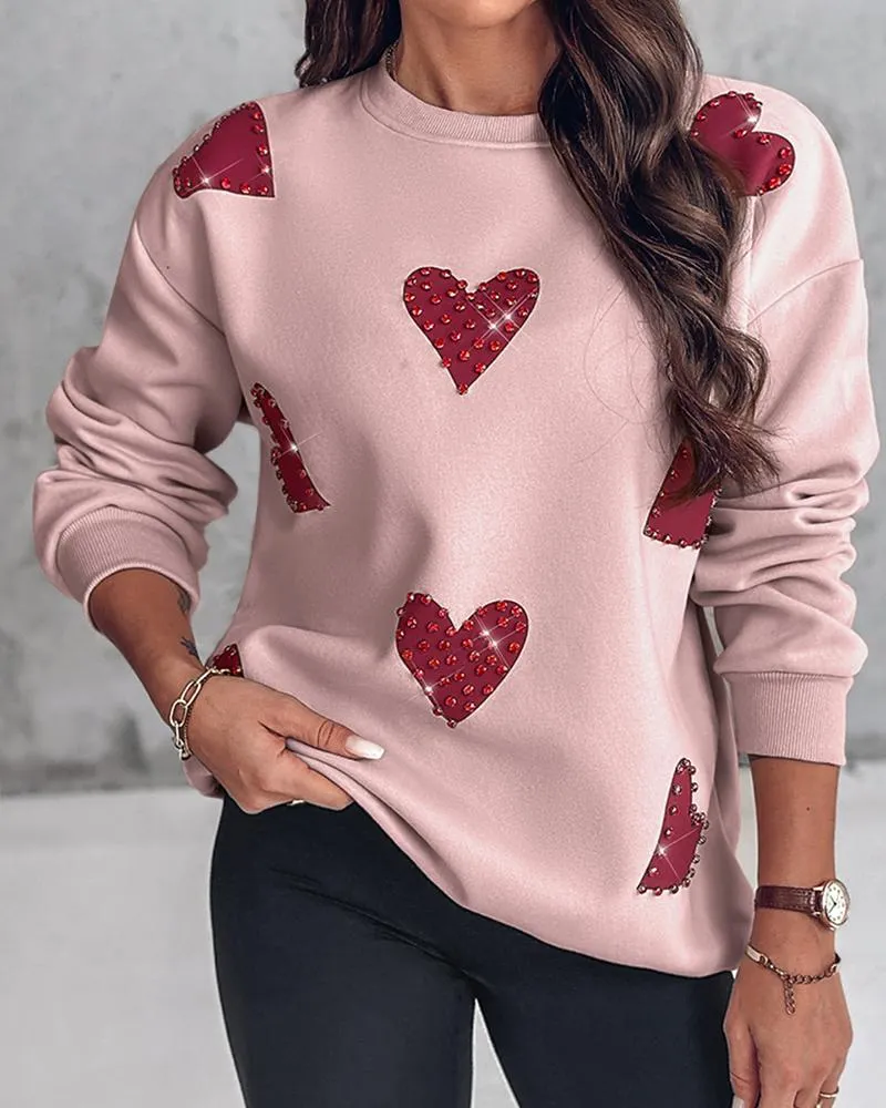 Heart Print Long Sleeve Rhinestone Decor Sweatshirt