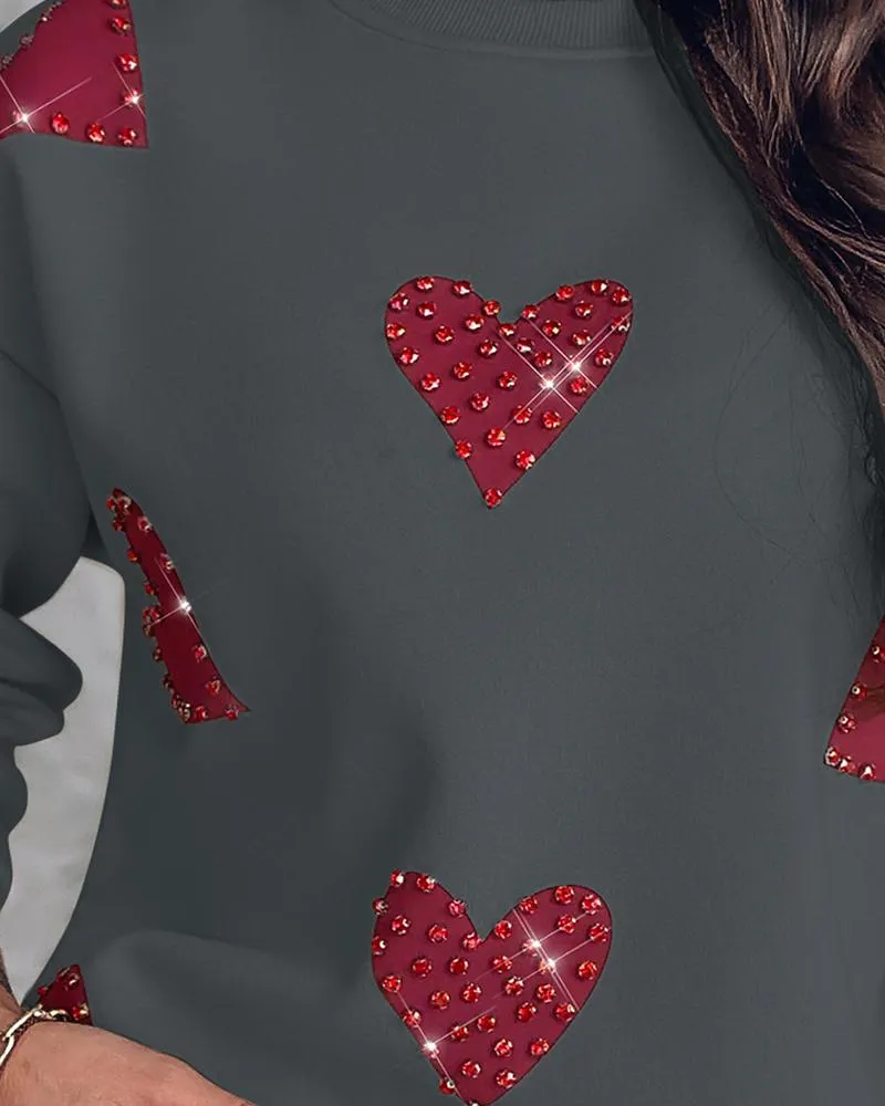 Heart Print Long Sleeve Rhinestone Decor Sweatshirt