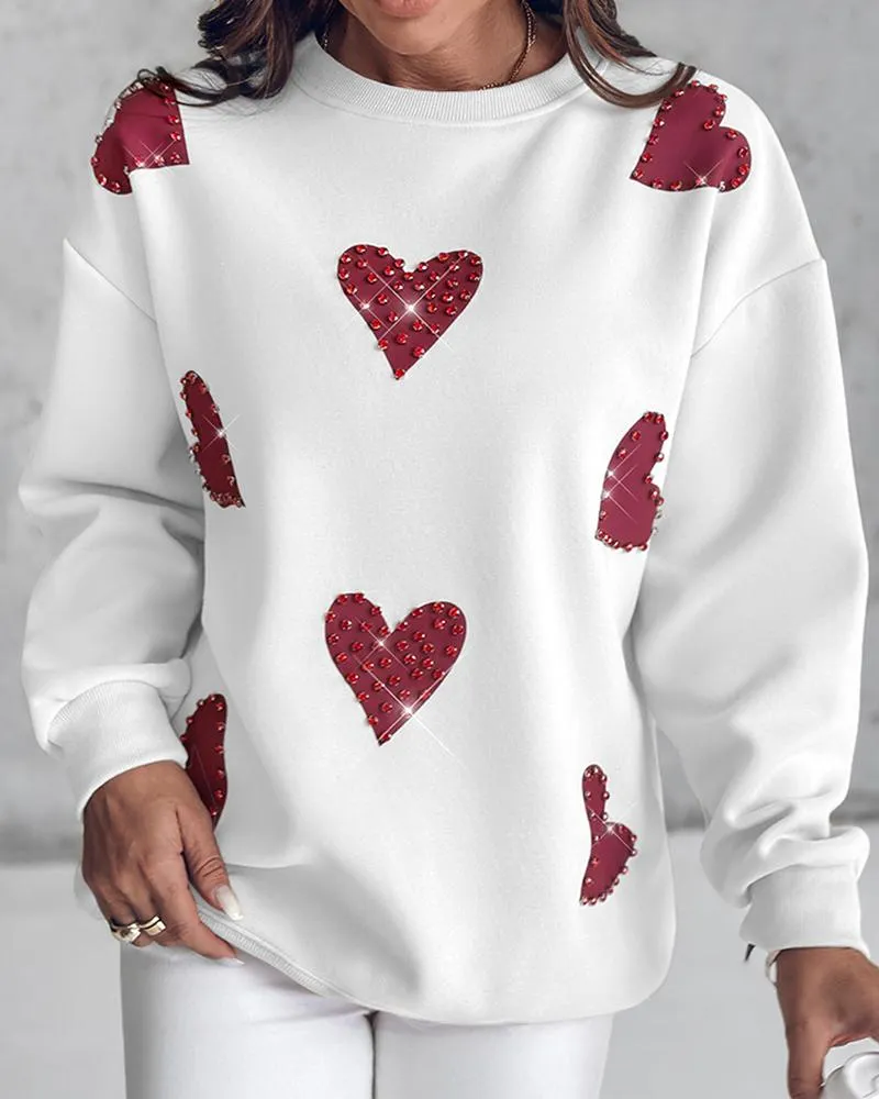 Heart Print Long Sleeve Rhinestone Decor Sweatshirt