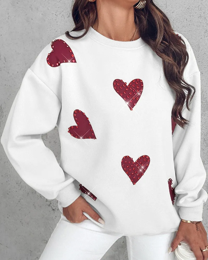 Heart Print Long Sleeve Rhinestone Decor Sweatshirt