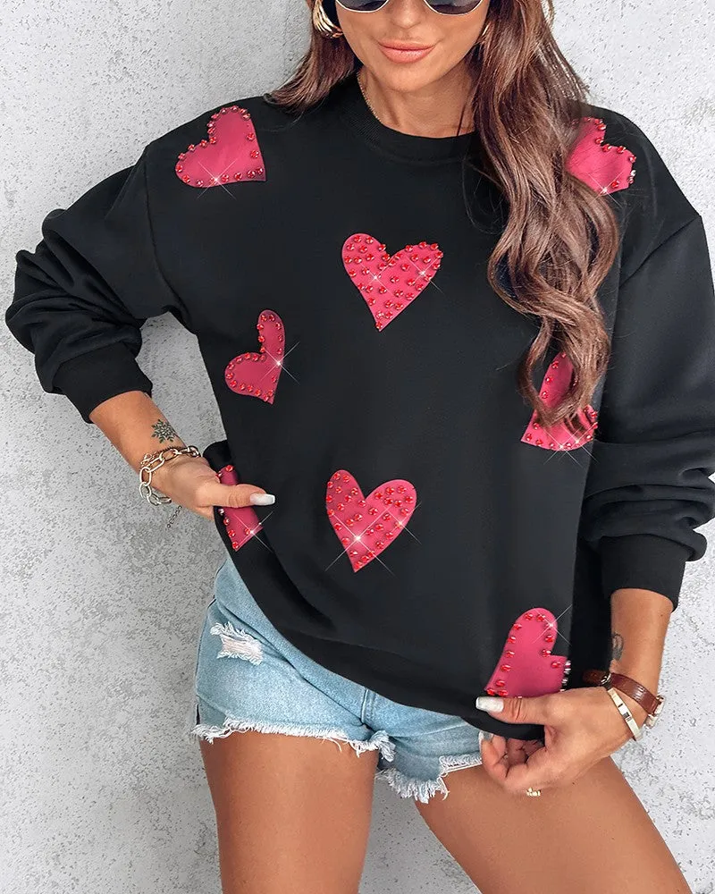 Heart Print Long Sleeve Rhinestone Decor Sweatshirt