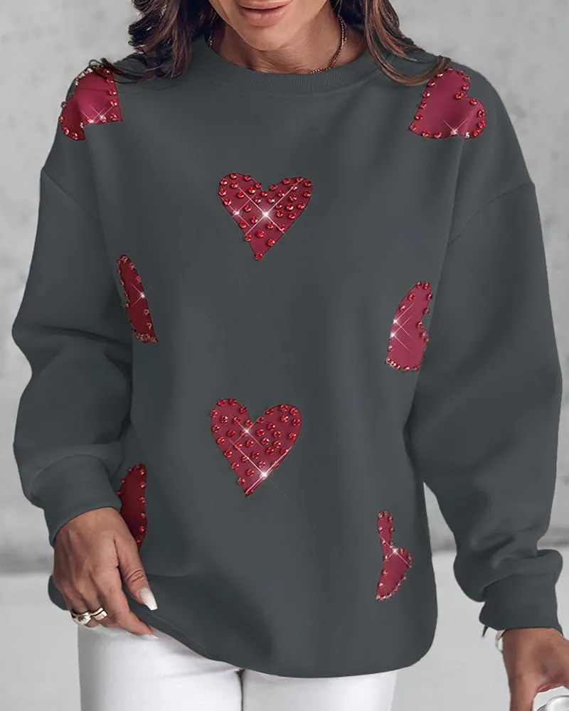 Heart Print Long Sleeve Rhinestone Decor Sweatshirt