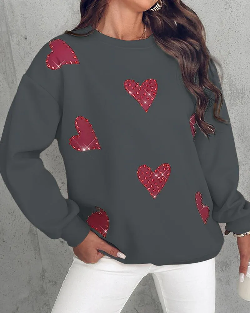 Heart Print Long Sleeve Rhinestone Decor Sweatshirt