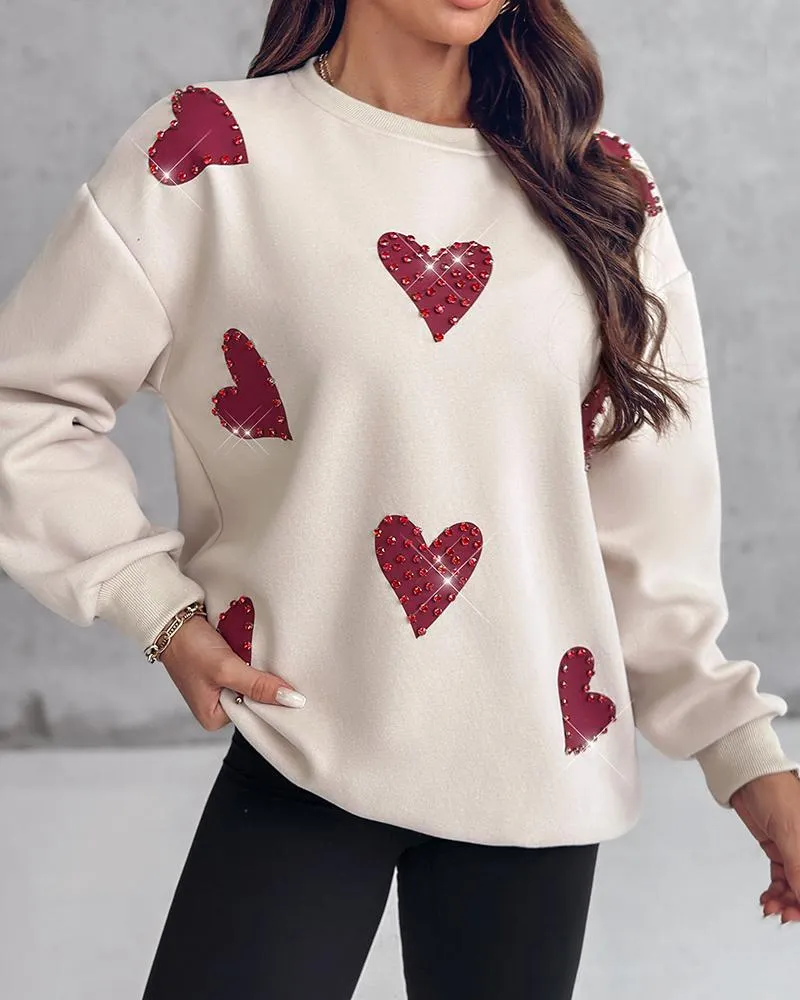 Heart Print Long Sleeve Rhinestone Decor Sweatshirt