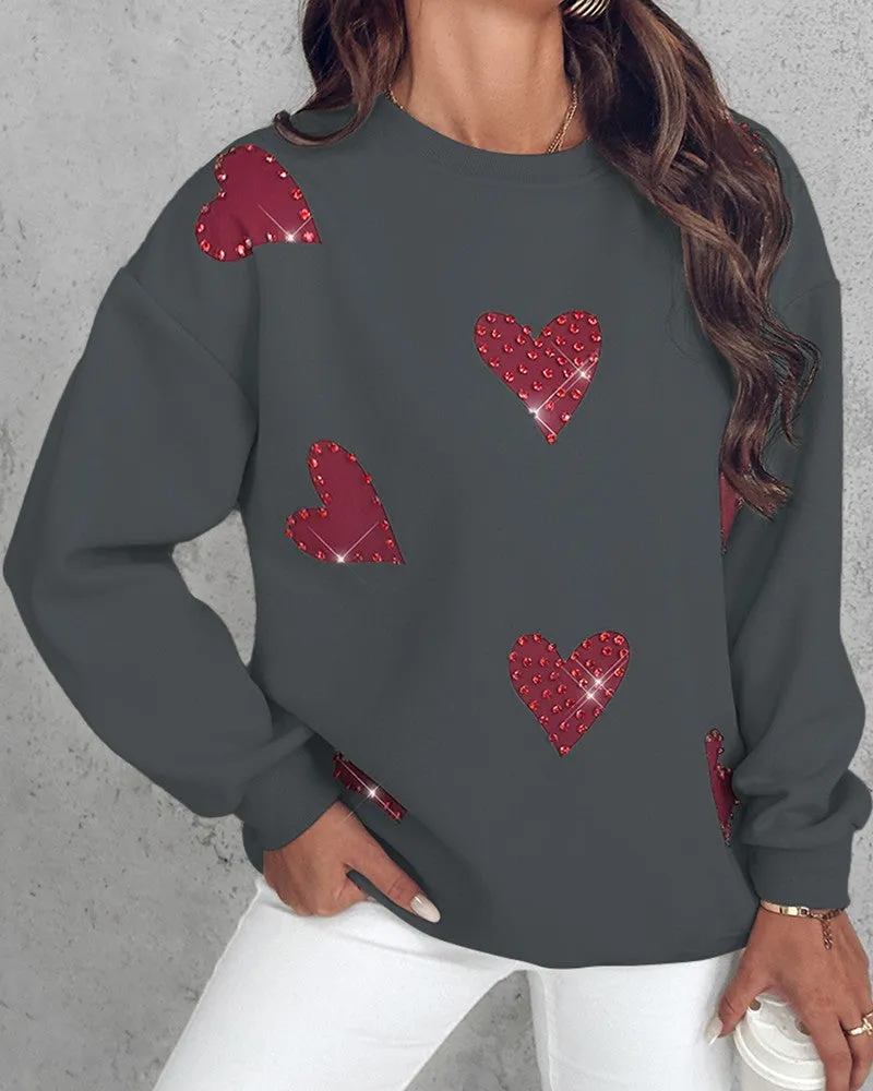 Heart Print Long Sleeve Rhinestone Decor Sweatshirt
