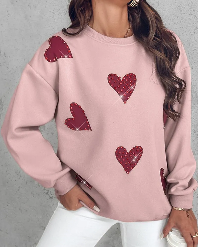 Heart Print Long Sleeve Rhinestone Decor Sweatshirt