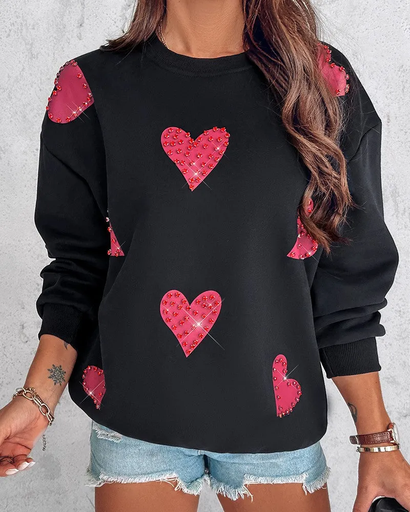 Heart Print Long Sleeve Rhinestone Decor Sweatshirt