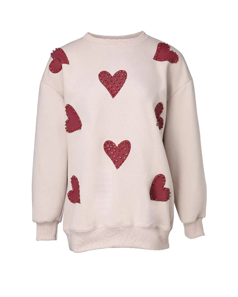 Heart Print Long Sleeve Rhinestone Decor Sweatshirt