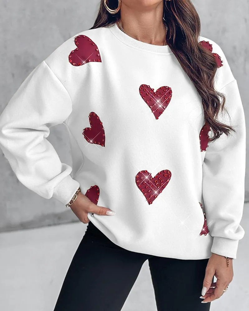 Heart Print Long Sleeve Rhinestone Decor Sweatshirt