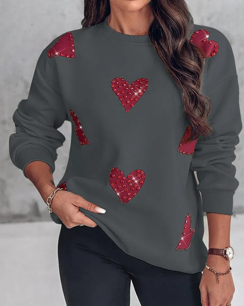 Heart Print Long Sleeve Rhinestone Decor Sweatshirt