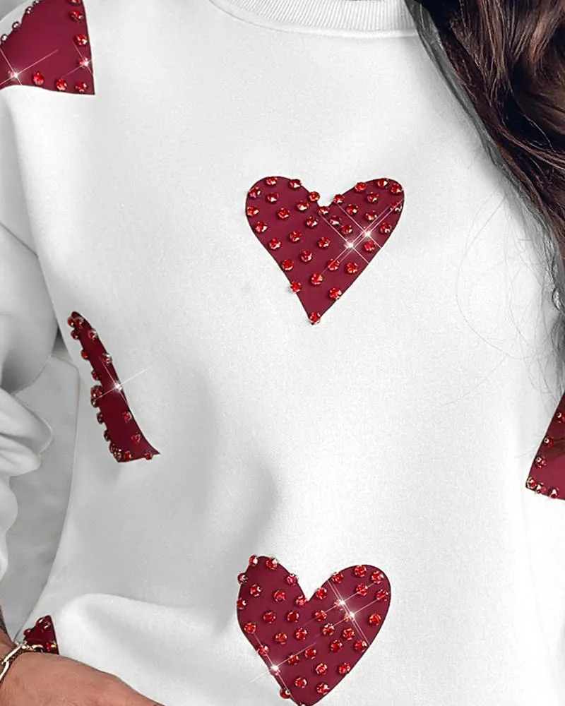 Heart Print Long Sleeve Rhinestone Decor Sweatshirt