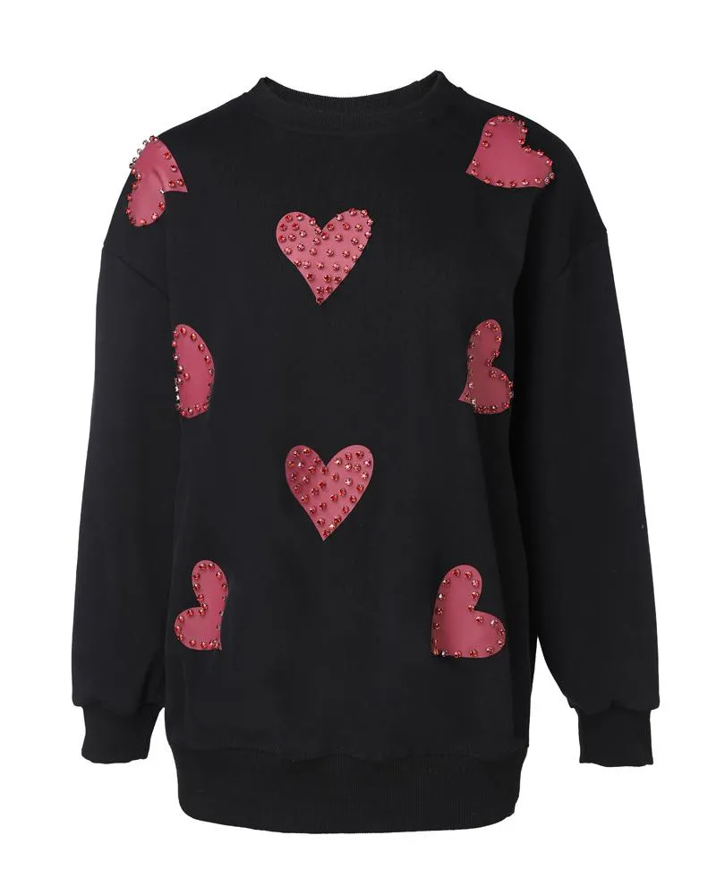 Heart Print Long Sleeve Rhinestone Decor Sweatshirt