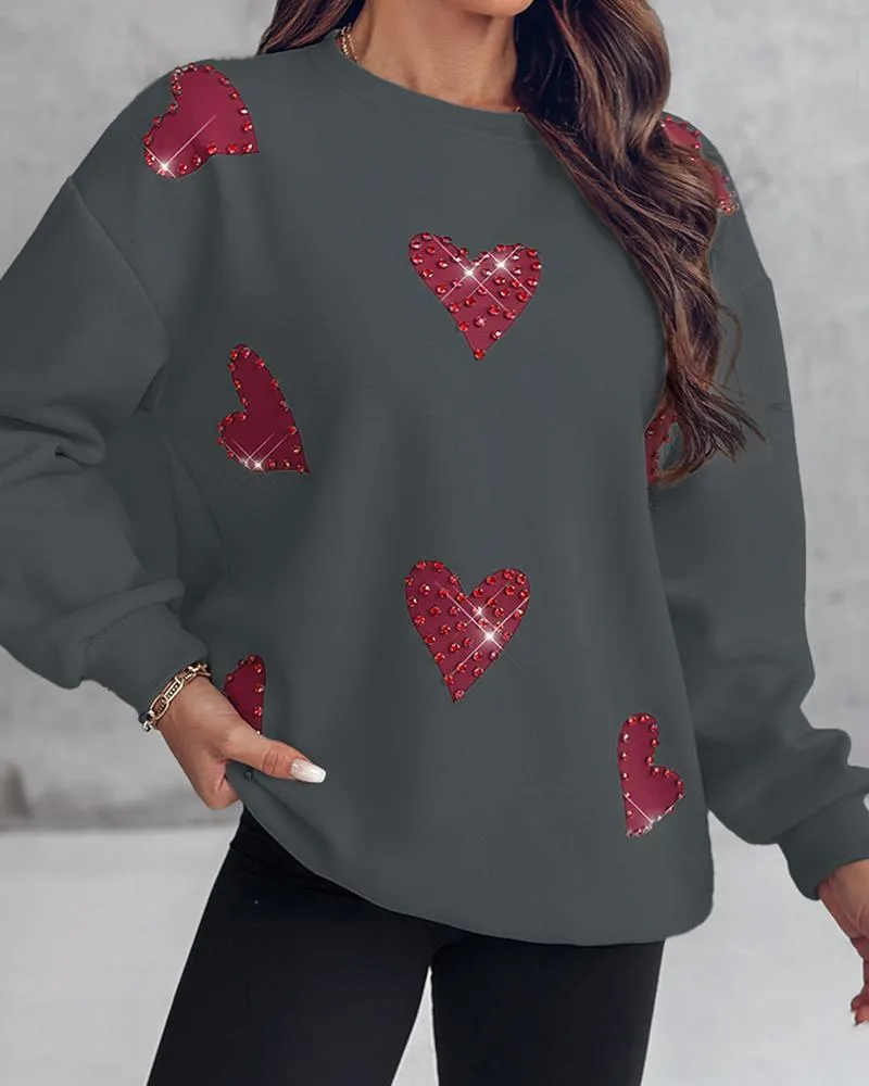 Heart Print Long Sleeve Rhinestone Decor Sweatshirt