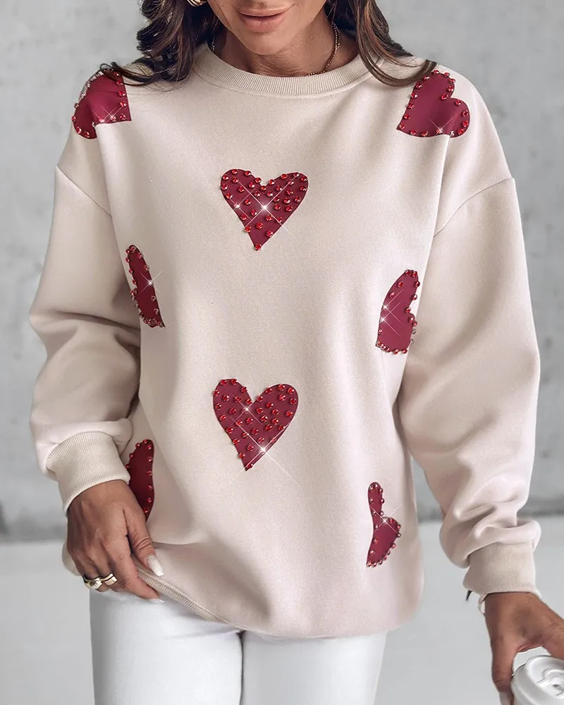 Heart Print Long Sleeve Rhinestone Decor Sweatshirt