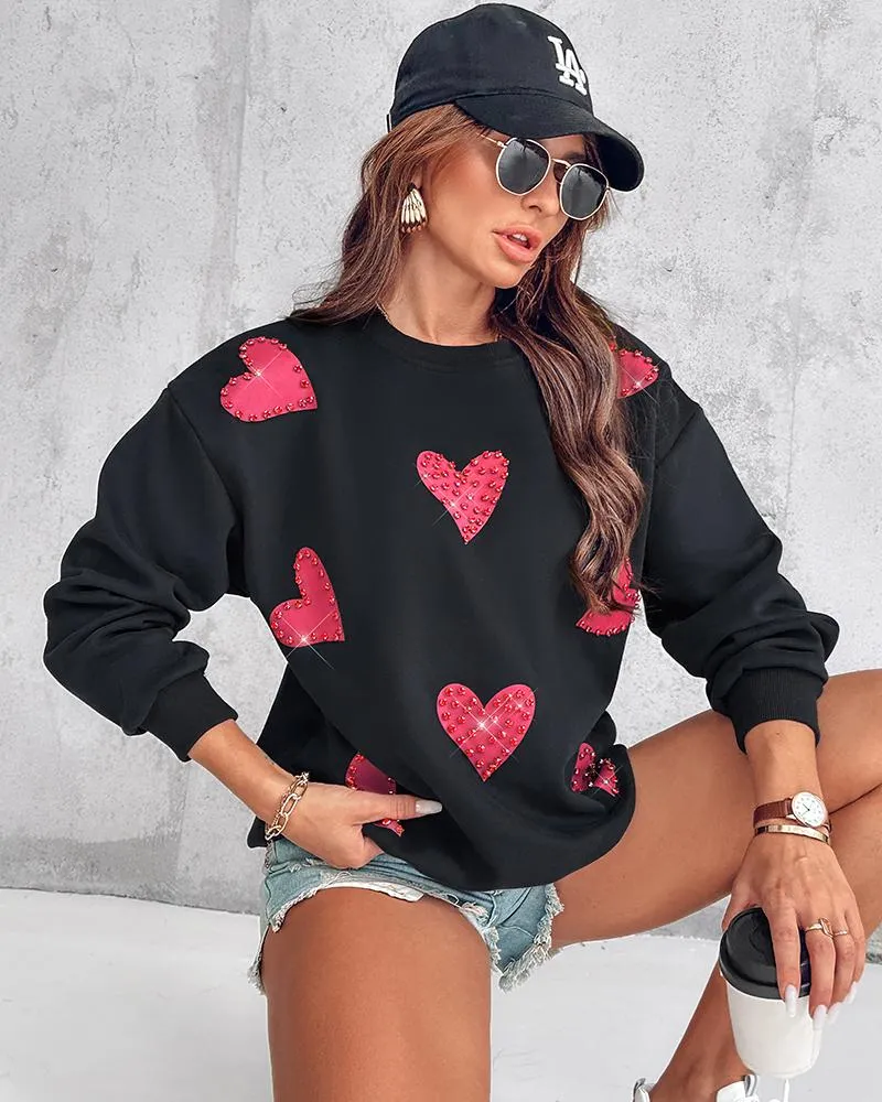 Heart Print Long Sleeve Rhinestone Decor Sweatshirt