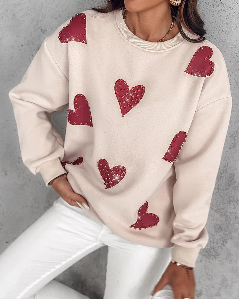 Heart Print Long Sleeve Rhinestone Decor Sweatshirt