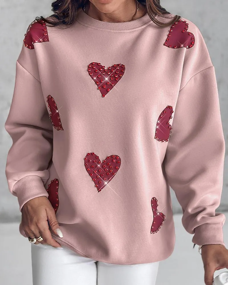 Heart Print Long Sleeve Rhinestone Decor Sweatshirt