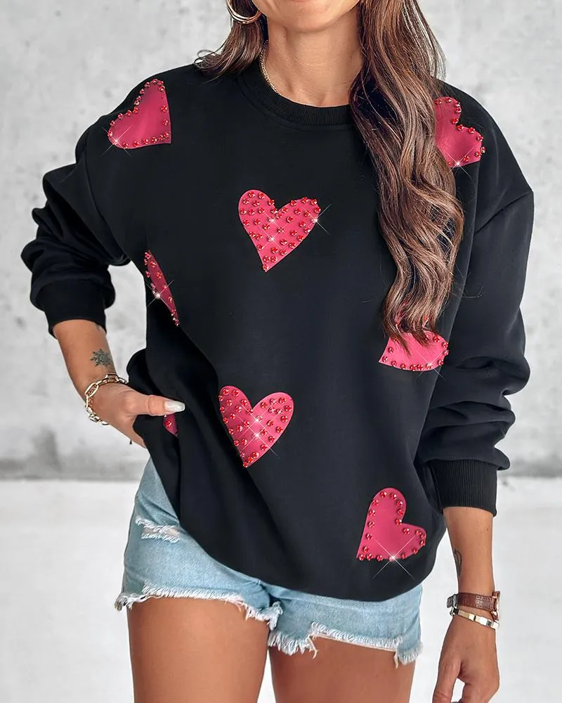 Heart Print Long Sleeve Rhinestone Decor Sweatshirt