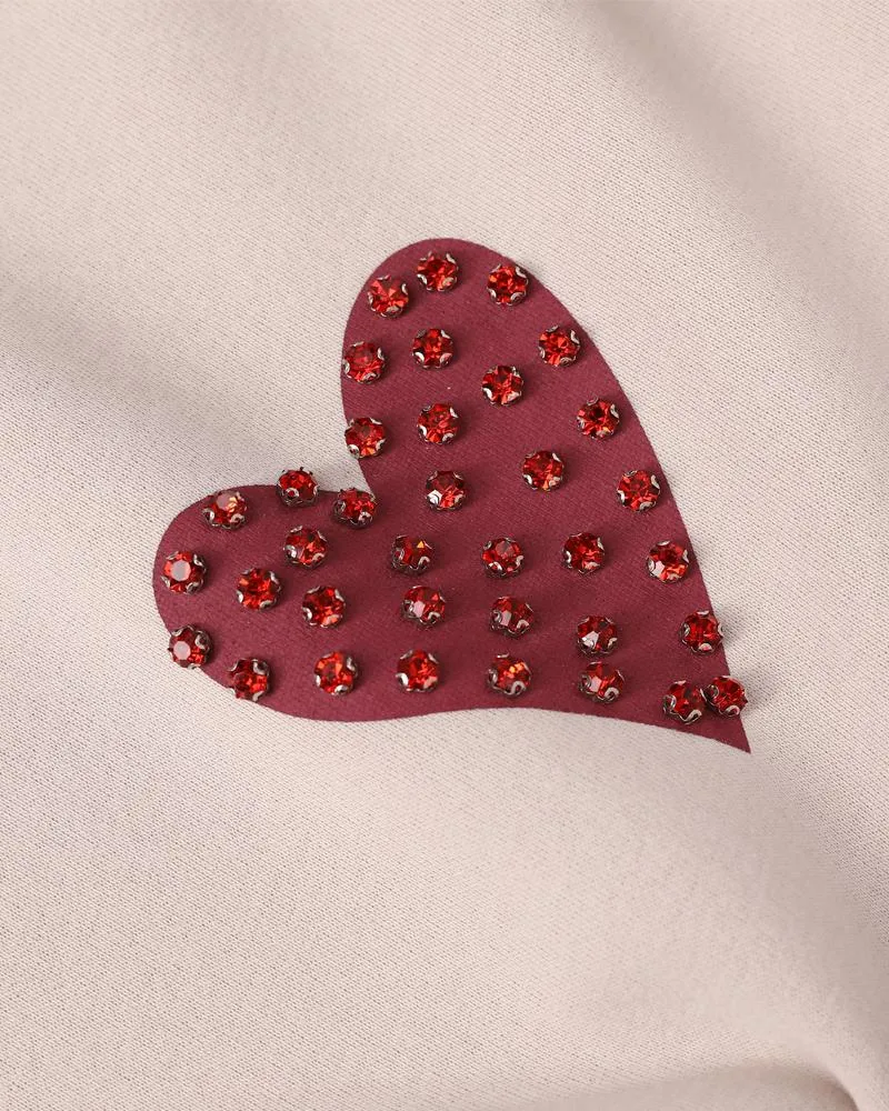 Heart Print Long Sleeve Rhinestone Decor Sweatshirt