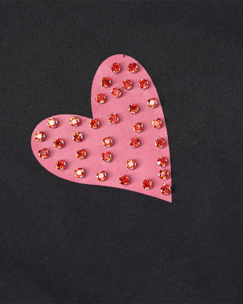 Heart Print Long Sleeve Rhinestone Decor Sweatshirt