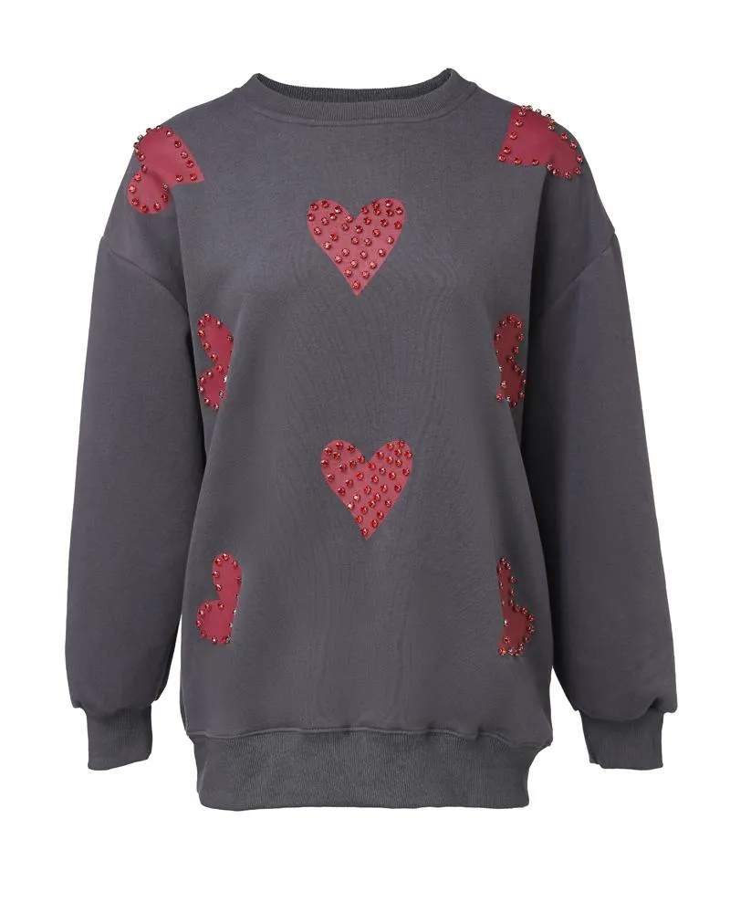 Heart Print Long Sleeve Rhinestone Decor Sweatshirt