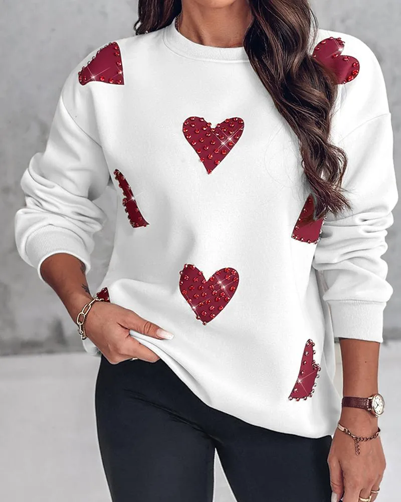Heart Print Long Sleeve Rhinestone Decor Sweatshirt