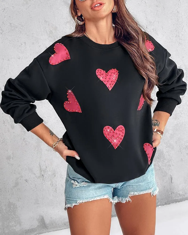 Heart Print Long Sleeve Rhinestone Decor Sweatshirt