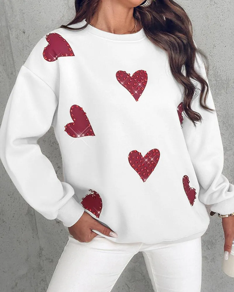 Heart Print Long Sleeve Rhinestone Decor Sweatshirt